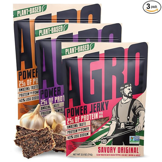 AGRO POWER Vegan Jerky Variety Pack, Savory Original, Texas BBQ, Grilled Teriyaki Plant-Based Jerky, Non-GMO, High Protein, 40% Less Sodium, Zero Cholesterol, Meatless Vegetarian Healthy Snack, 3 Pack