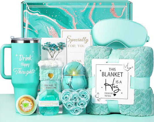 Birthday Gifts for Women, Self Care Get Well Soon Gift Baskets, Mothers Day Happy Birthday Gifts for Mom Her Friends Sister Wife Girlfriend, Ocean Relaxing Spa Care Package w/Blanket 40 OZ Tumbler