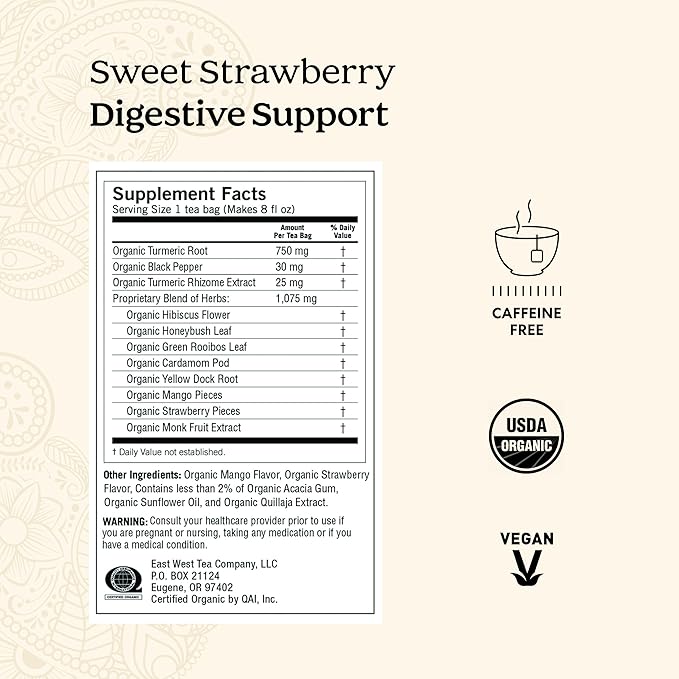 Yogi Sweet Strawberry Digestive Support Herbal Tea, Caffeine-Free, Vegan Friendly, Kosher, USDA Certified Organic, Non-GMO, 16 Tea Bags (Pack of 6)