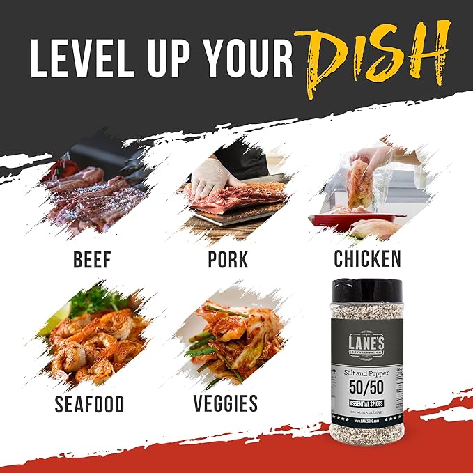 Lane's Coarse Salt and Pepper 50/50, 12.5 oz - Classic Blend of Kosher Salt & Coarse Black Pepper 16 Mesh for Cooking & Grilling - Seasoning for Meats, Vegetables & More, Gluten-Free, Made in USA