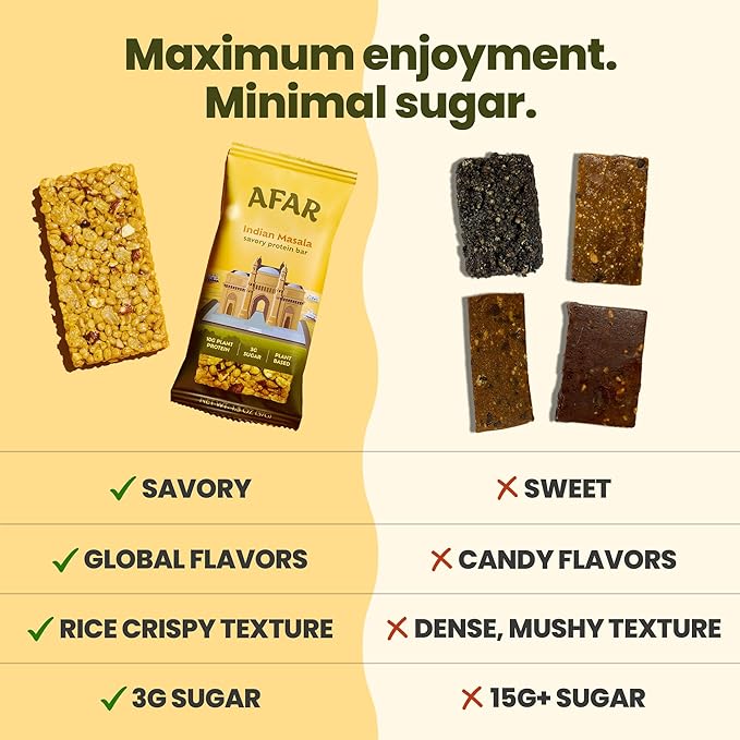 Afar Savory Protein Bars – Low Sugar, High Protein – Healthy Snacks for Adults – Meal Replacement Bar – Rice Crispy Texture – Vegan, Gluten Free (8 Bars, Indian Masala)