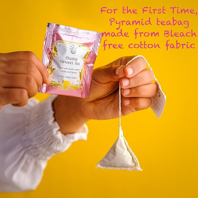 THE VEDAS Guava Green Tea | Herbal Tea made of Guava leaf, Guava fruit and Green Tea | Biodegradable Cotton Teabags | 20 Tea Bags(Pack of 1)