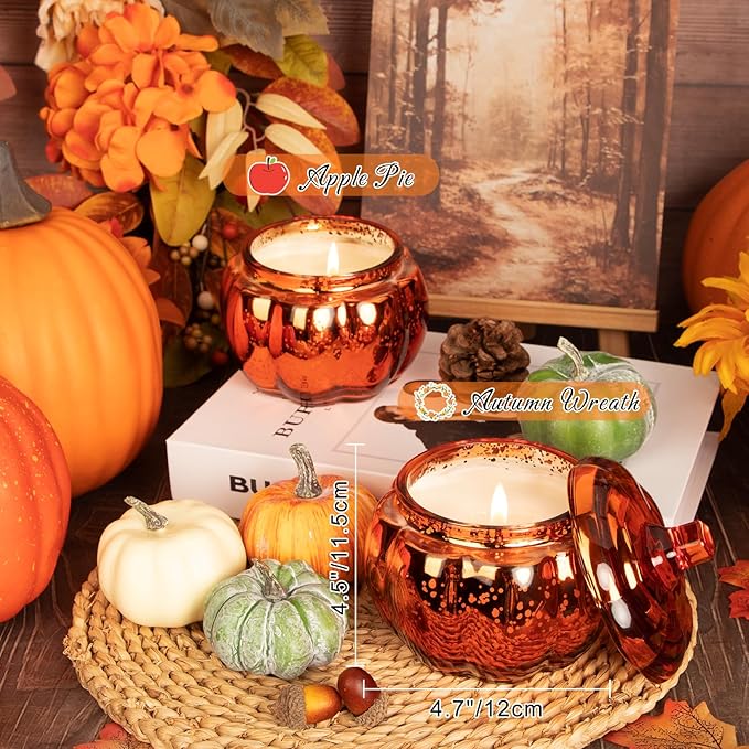 Lanpn Fall Scented Candle Gift Set 2 Pack, 22oz Pumpkin Glass Jar Candles Soy Wax, Thanksgiving Aromatherapy Candle, Autumn Fragrance Table Decor, Orange Votive Candles Holder Tabletop Centerpiece