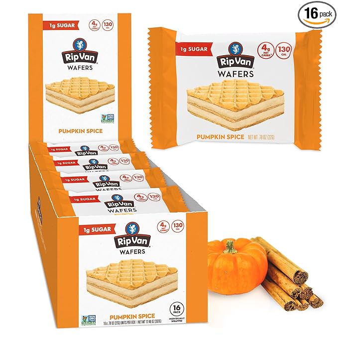 Rip Van Pumpkin Spice Keto Wafer Cookies, Healthy Vegan Snack, Non-GMO, Low Carb, Low Sugar (1g), Low Calorie, 16 Count