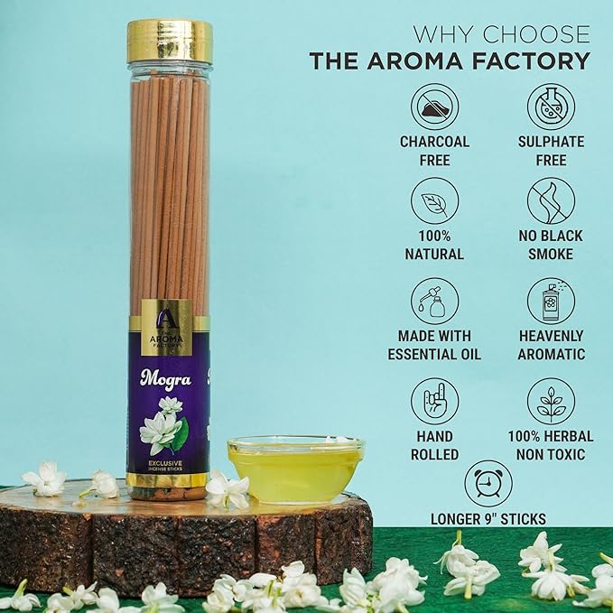 The Aroma Factory Mogra Agarbatti for Pooja, Luxury Incense Sticks, Low Smoke and Zero Charcoal and Fresh Fragrance for Home, Meditation (100g)