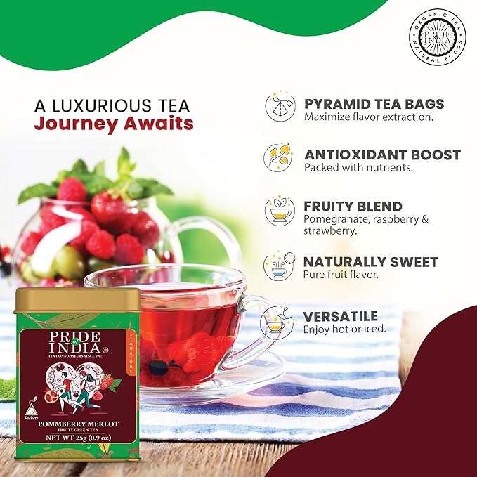 Pride of India | PACK of 6 - PommBerry Merlot Fruity Green Tea | 15 Pyramid Full Leaf Individually Wrapped Tea Bags | Tangy & Fruity Flavor | Vibrant & Uplifting Experience | Caffeine Free