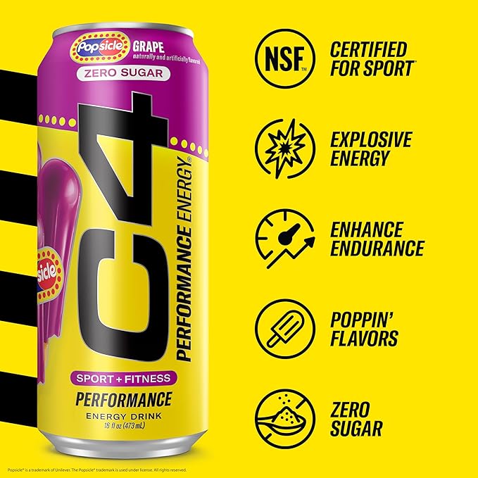 Cellucor C4 Energy Drink x Grape Popsicle, Carbonated Sugar Free Pre Workout Performance Drink with no Artificial Colors or Dyes, 16 Oz, Pack of 24