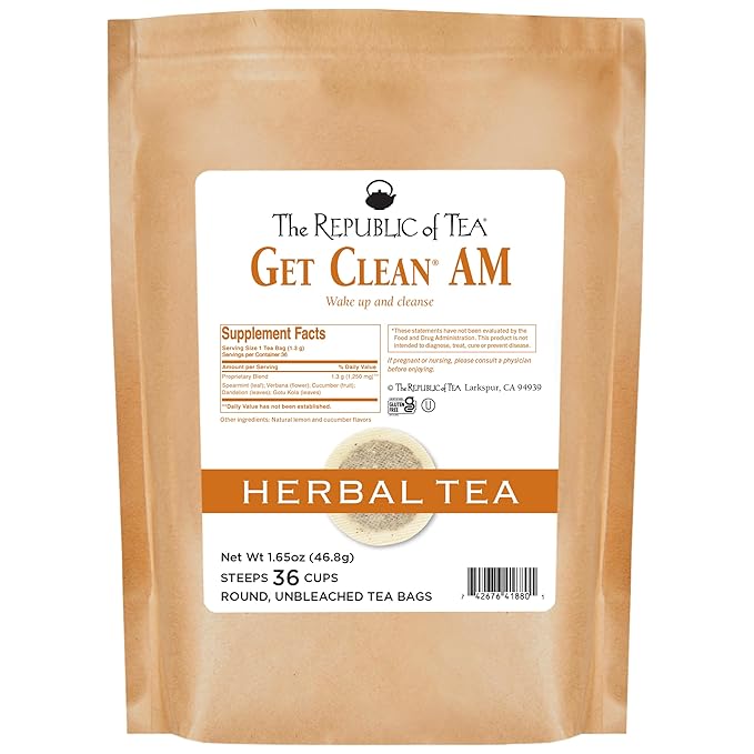 The Republic of Tea Be Well Teas, Get Clean AM Herbal Tea, Refill Pack of 36 Tea Bags