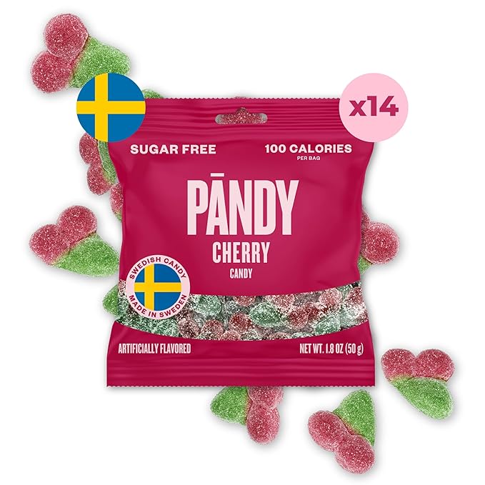 Pandy Swedish Candy Sugar Free Candy Sour Cherry Flavour 14 Bags- Swedish Candy Mix - Diet Candy Keto Gummy Low Calories Snacks - Healthy Sweets 14 x 1.8oz