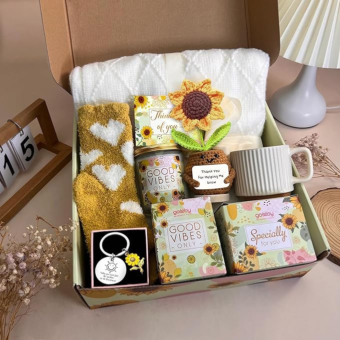 Gossby Gift Basket for Women - Thank You Gift Set for Teacher - Get Well Soon, Birthday, Thinking of You Sunflower Package - End of Year Idea for Teacher from Student - Thank You for Helping Me Grow