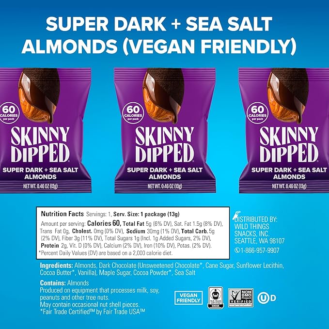 SkinnyDipped Snack Attack Minis Almond Variety Pack, Healthy Snack, Plant Protein, Gluten Free, 0.46 oz Mini Bags, Pack of 25