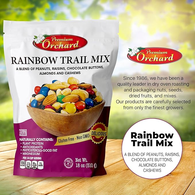 MIXED NUTS Rainbow Trail Mix by Premium Orchard - Healthy Trail Mix Variety Pack Peanuts Raisins Cashews Almonds Chocolate Buttons Heart Healthy Snacks for Adults and Kids Snacks Gluten Free