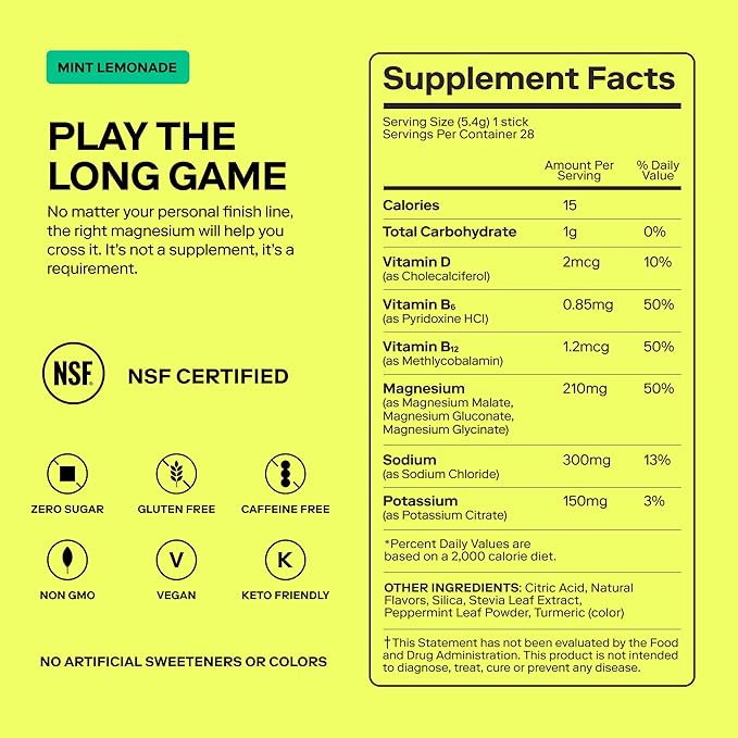 MAGNA Electrolyte Powder Drink Mix for Hydration, Energy & Focus Support with Magnesium L Threonate, Sodium, Potassium, Vitamin D, B6 & B12, Sugar Free, Mint Lemonade Flavor, 28 Servings