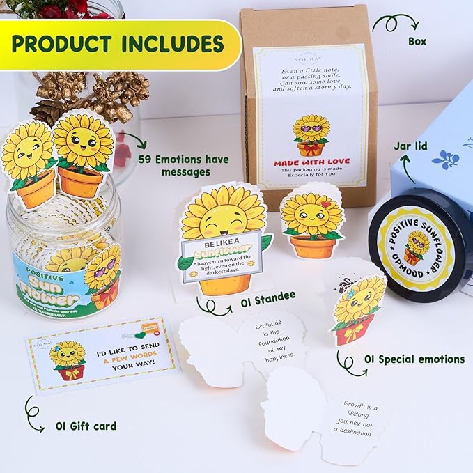 Positive Sunflower Jar – 60 Daily Affirmation Cards with Standee | Encouragement Gift for Women, Friends, Coworkers | Uplifting Notes, Desk Decor, Just Because Gift, Emotional Support Jar