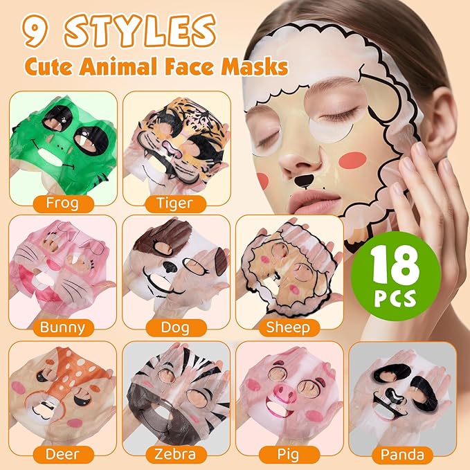 18 Pack Animal Face Mask for Kids, Bulk Sheet Face Masks Skincare for Girls, Collagen Hydrating Face Mask Spa Party Gifts for Teens, Christmas Gifts, Stocking Stuffers for Women