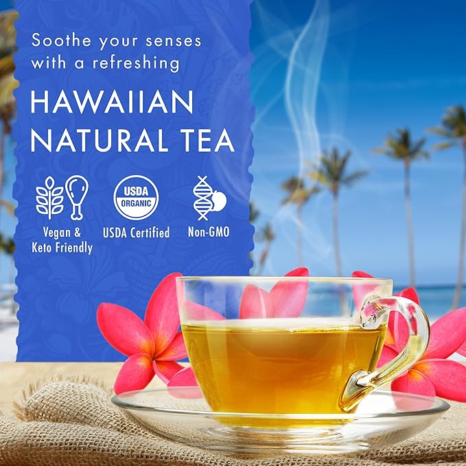 Hawaiian Natural Tea Organic Mahina Chamomile Tea with Passionflower & Valerian Root - Caffeine Free, Herbal, Antioxidant-Rich, For Calming, Wellness, Bedtime, Anxiety & Stress - 60 Bags