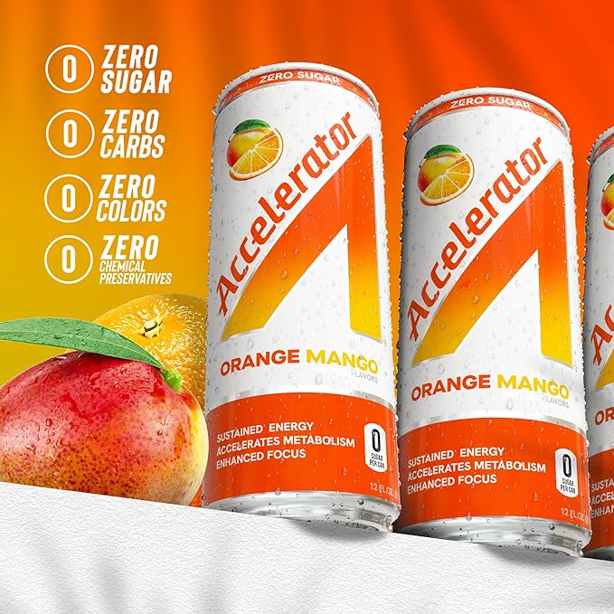 Accelerator Energy Drink Sugar Free, Orange Mango 12oz can(12 pack)Zero Sugar Energy Drinks with Sustained Energy from 100% Natural Caffeine (200mg) & Green Tea extract