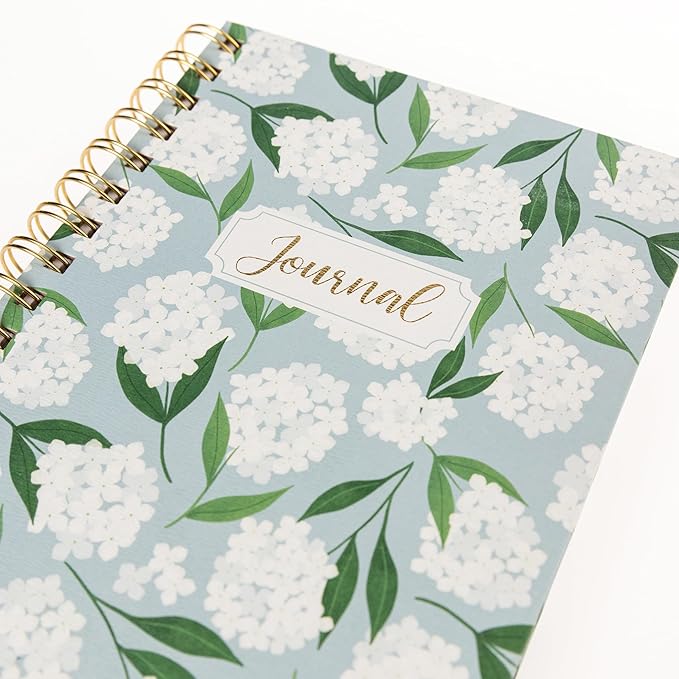 Graphique White Hydrangeas Hardbound Spiral Journal, 160 Ruled Pages Hard Cover Notebook, Diary, Lists, Record Month and Date, Premium Paper, 6” x 8”