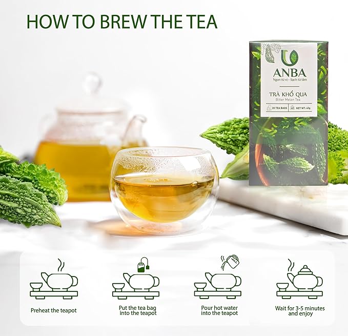 ANBA Bitter Melon Tea Bags, Black Tea & Stevia Herbal Blend, 20 Count | Caffeine-Free | No Sugar Added | Authentic Herbal Tea | ISO HACCP Certified