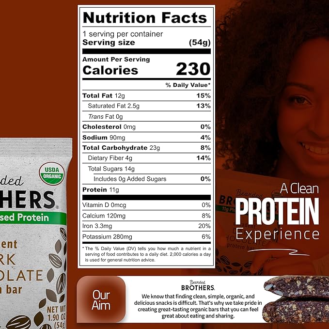 Bearded Brothers Organic Protein Bars, Dark Chocolate (10 Pack) - 11g of Plant Based Protein Gluten Free Vegan, Non-GMO Healthy Snacks for Adults Good Source of Fiber