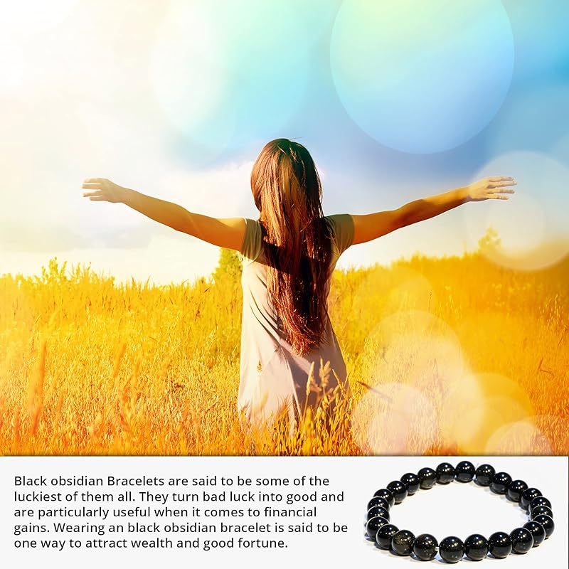 Black Obsidian Bracelet, Natural Healing Crystal Bracelet for Women and Men, 8mm Round Beaded Bracelet for Spiritual, Protection, Positive Energy, Elastic Adjustable Size Gemstone Bead Bracelet