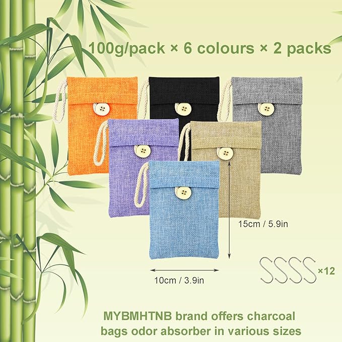 Bamboo Charcoal Bags Odor Absorber 12 Pack×100g Bamboo Charcoal Air Purifying Bags, for Car Air Fresheners, Odor Eliminator for Home,Shoe Deodorizer - Colorful-Activated Charcoal Odor Absorbers