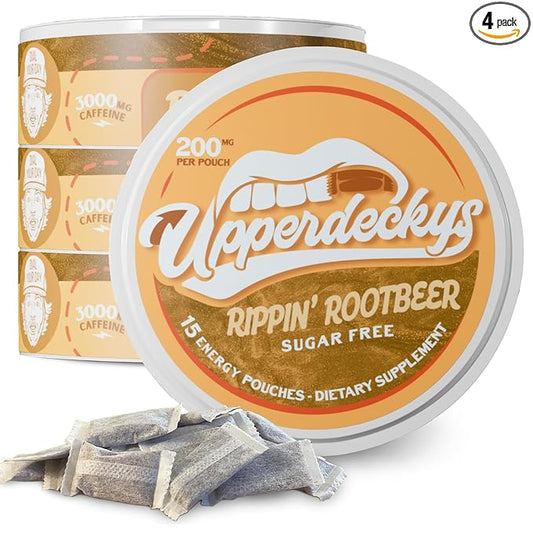 Upperdeckys, Rippin Rootbeer Caffeine Energy Pouches - Free Replacement and Alternative for Focus and Energy - Sugar Free Nootropic Pouches, Made in the USA & Delicious Flavor (4-Pack, 200mg)