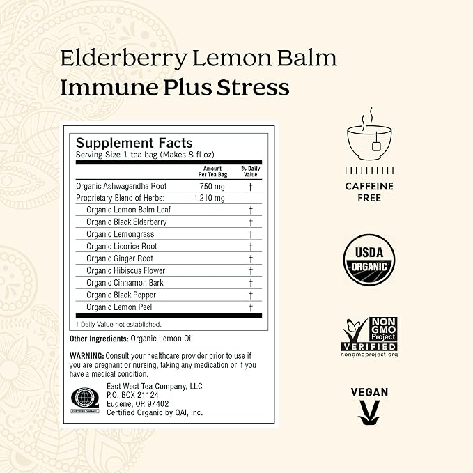Yogi Tea Elderberry Lemon Balm Immune & Stress Tea - 16 Tea Bags per Pack (6 Packs) - Organic Immune Support Tea - Includes Ashwagandha Root, Lemon Balm Leaf, Lemongrass, Licorice Root & More.
