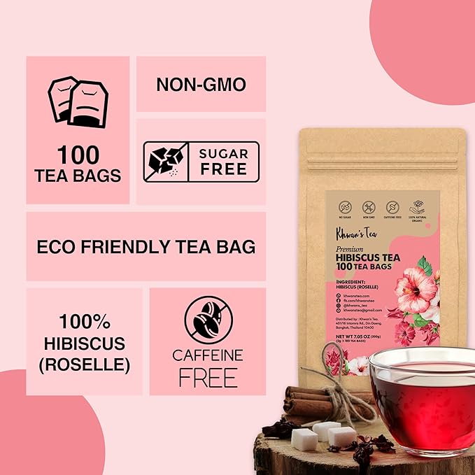 KHWAN’S TEA Roselle Hibiscus Flower Tea bags, Caffeine-Free Herbal Tea, Tart & Refreshing Flavor Hot or Iced, Premium Natural Hibiscus Infusion, Antioxidant-Rich Herbal Tea from Thailand (2g/bag)