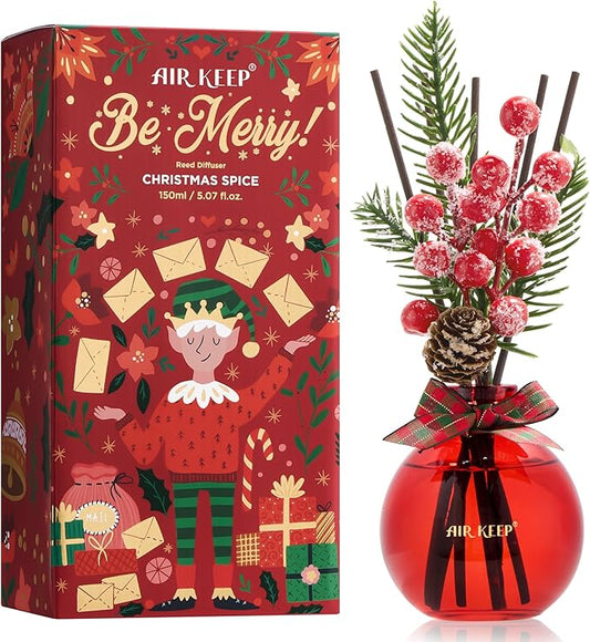 Airkeep Flower Reed Diffusers Set, 5.07 oz Christmas Spice Scented Diffuser with 8 Sticks, Long Lasting Home Fragrance for Long Days, Perfect for Bathroom, Shelf Decor, Air Fresheners