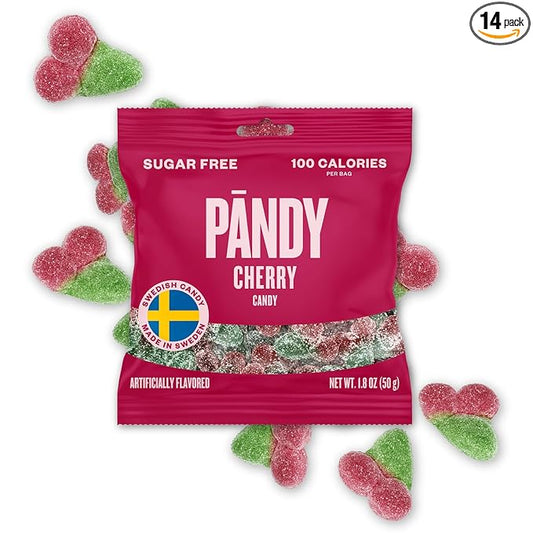 Pandy Swedish Candy Sugar Free Candy Sour Cherry Flavour 14 Bags- Swedish Candy Mix - Diet Candy Keto Gummy Low Calories Snacks - Healthy Sweets 14 x 1.8oz
