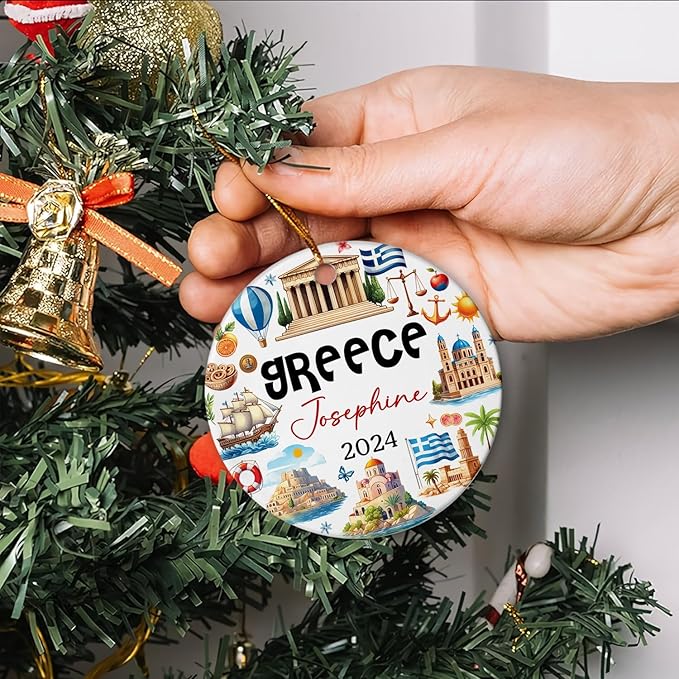 Landmarks and Symbols of Greece Christmas Ornament 2025, Personalized Greece Travel Xmas Ceramic Ornament, Greece City Souvenir Ceramic Ornament, Custom Name Greece Vacation Christmas Keepsake Decor
