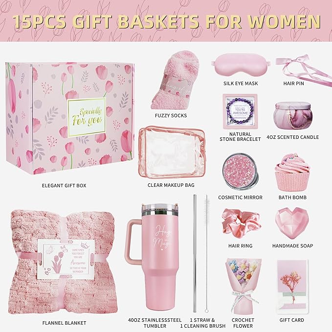15PCS Birthday Gifts for Women, Relaxing Spa Basket With Luxury Flannel Blanket and 40 oz Tumbler - Care Package for Her, Mom, Wife, Friends - Valentine's, Mother's Day, Christmas
