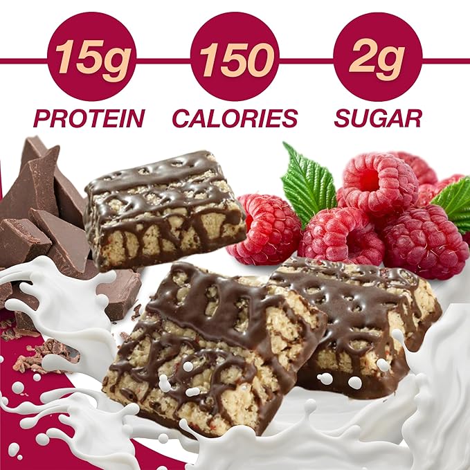ProtiDIET Dark Chocolate and Raspberry High Protein Bars - Gluten-free, Low Fat and Fiber Enriched Snacks, Protein Bars with Collagen to Aid Overall Health - 7 Square Bars Per Box