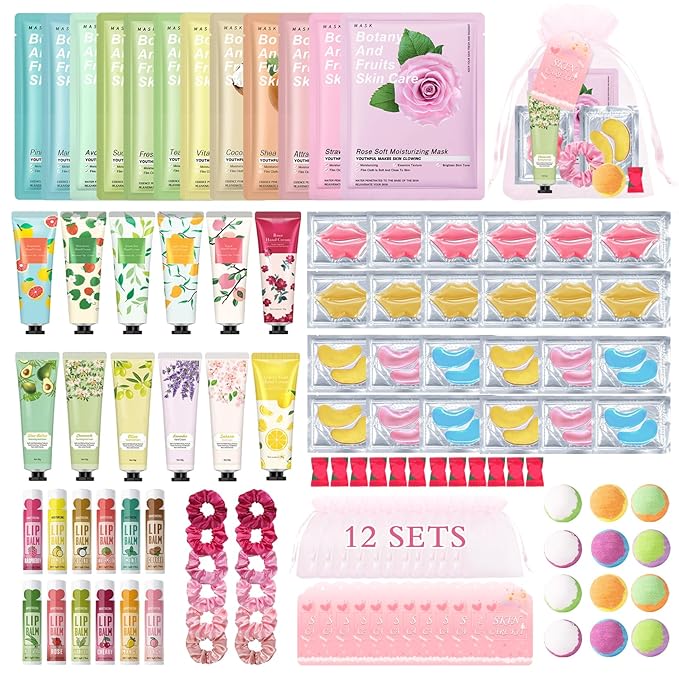 120 PCS Spa Party Supplies for Girls & Women,Spa Party Favors Include Face Masks Skincare,Hand Cream,Lip Balm,Eye Masks,Lip Mask,Foot Bath Bombs,Slumber Sleepover Party Supplies for Girls