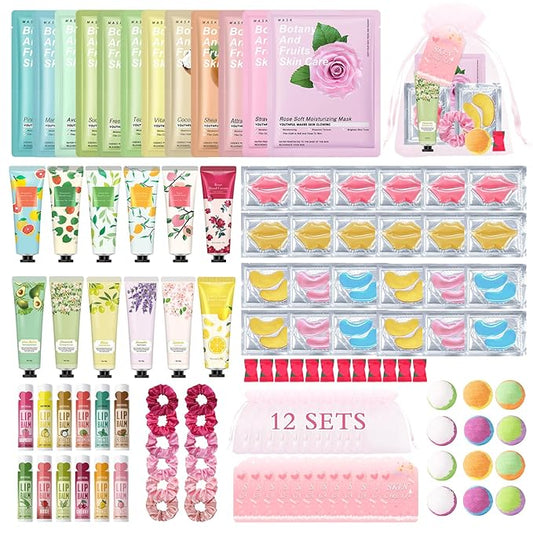 120 PCS Spa Party Supplies for Girls & Women,Spa Party Favors Include Face Masks Skincare,Hand Cream,Lip Balm,Eye Masks,Lip Mask,Foot Bath Bombs,Slumber Sleepover Party Supplies for Girls