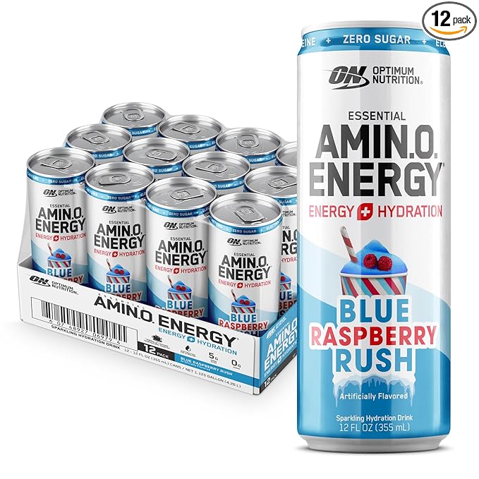 Optimum Nutrition Amino Energy Sparkling Hydration Drink, Electrolytes, Caffeine, Amino Acids, BCAAs, Sugar Free, NEW Blue Raspberry Rush, 12 Fl Oz, 12 Pack (Packaging May Vary)