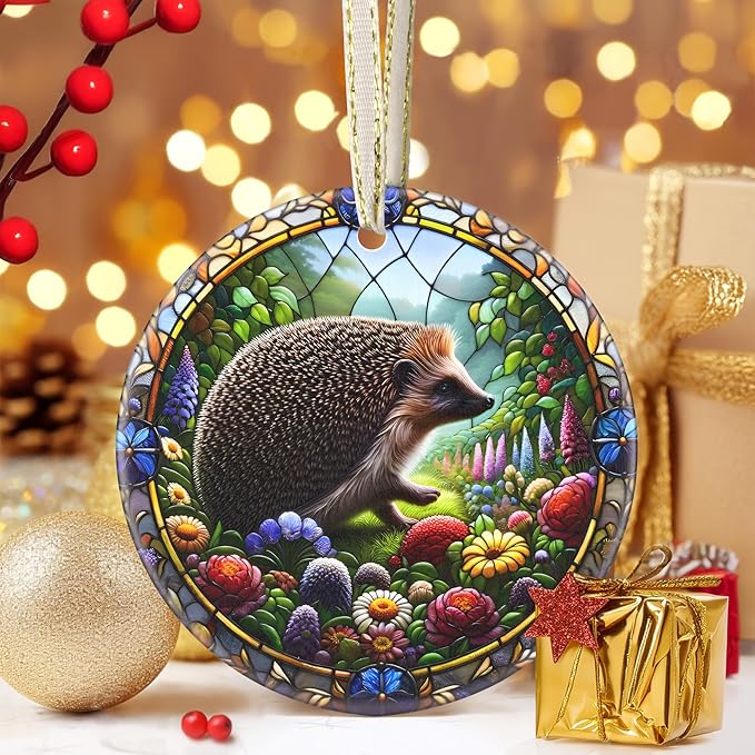 Hedgehog Christmas Ornament - 3.5 Inch Ceramic Hanging Decor for Christmas Tree, Gifts & Holiday Presents