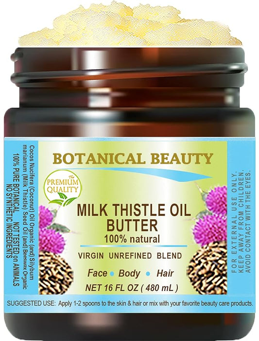 Botanical Beauty MILK THISTLE OIL BUTTER Silybum marianum 100% Natural for FACE, SKIN, BODY, HAIR, NAILS, Foot Care. Foot Oil butter, Skin Moisturizer (16 Fl Oz)