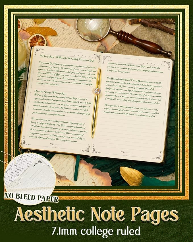 Thick Journal for Women & Girls, 360 Pages A5 Writing Journaling Notebook with Paintings, Women Journal for Writing, Vintage Journal with Gift Box & Pen for Women Gift Ideas (Deep Olive Green)