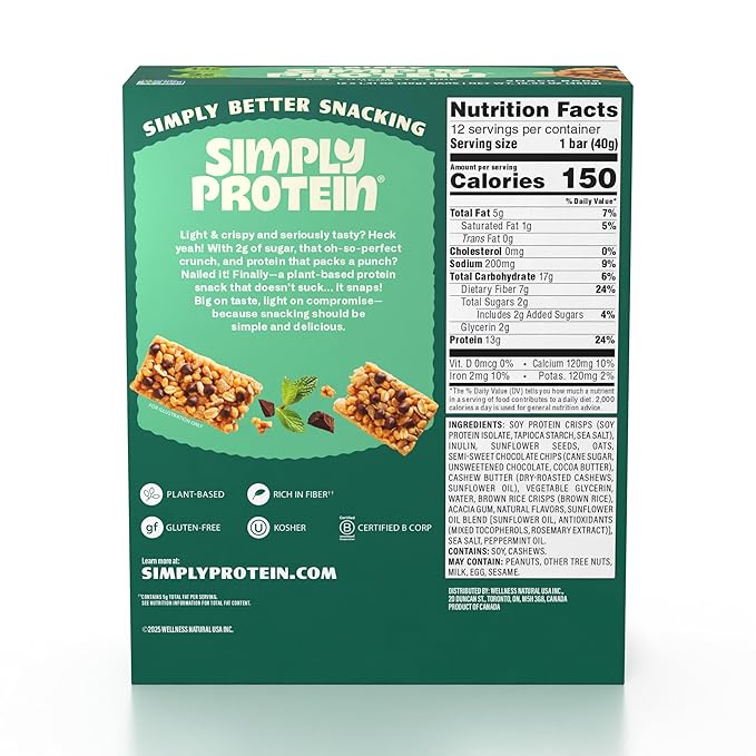 Simply Protein - Mint Chocolate Chip Crispy Bars - Plant Based Protein Bars - Low Carb, Low Sugar, High Fiber - 13g Protein, 2g Sugar, 7g Fiber - Vegan, Gluten Free, Non GMO, Kosher - 12 Bars