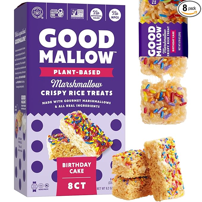 GoodMallow Vegan Rice Crispy Treats Individually Wrapped Box of 8, Kosher Vegan Snacks, Gluten Free Dairy Free Snacks for Kids & Adults - Healthy Sweets Made with Gourmet Marshmallows (Birthday Cake)