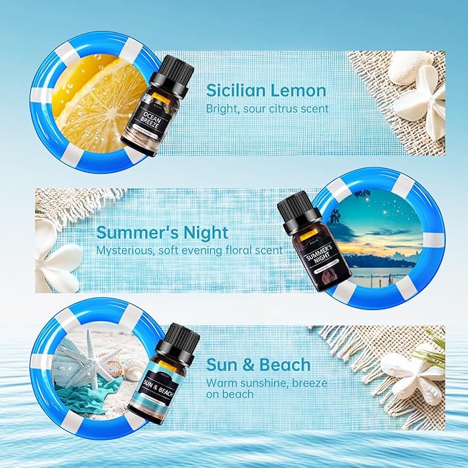 Summer Essential Oils Set | Top 6 Tropical Blends for Diffusers, Candle Scents, Aromatherapy Fragrance Oil - Coconut, Pineapple, Beach, Breeze, Lemon, Summer Night | Gift Set for Women, Home, Spa