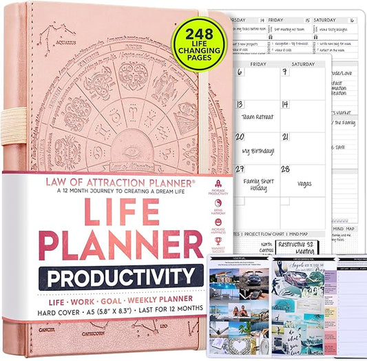 Life Planner - Undated Weekly & Monthly Planner, 12-Month Journey to Increase Productivity | Gratitude Journal, Life Organizer & Goal Journal | Include Foldable Vision Board, Habit Tracker & Stickers