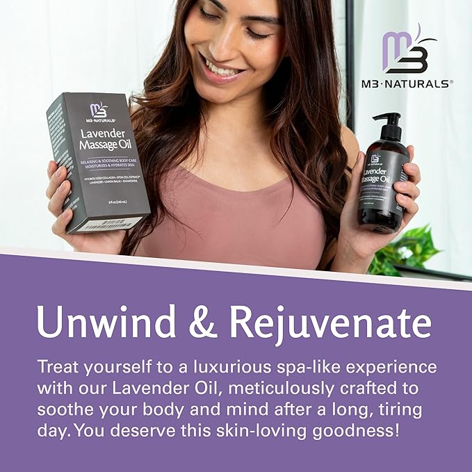 Lavender Massage Oil with Collagen and Stem Cells - Skin Firming Therapy Oil for Cellulite and Quick Absorption on Bum, Thighs, and Belly, 8 fl oz (Pack of 2) by M3 Naturals