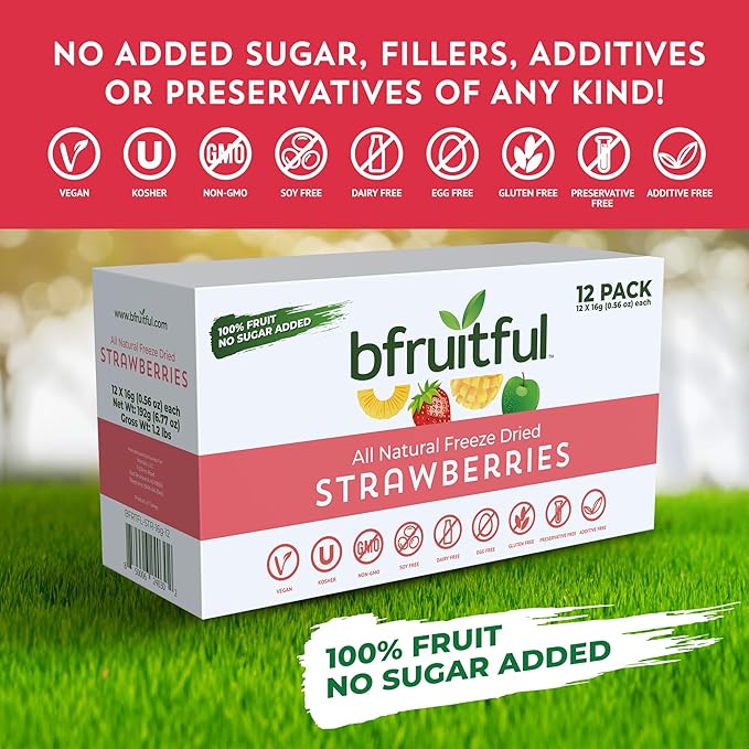 bfruitful Freeze-Dried Strawberries, Freeze Dried Fresh Fruit Bites, Gluten Free, Vegan, Dairy Free, Kosher, No Sugar Added, Non GMO, Healthy Snacks for Kids or Adults, 0.56 oz Single-Serve Snack Packets, 12 Pack