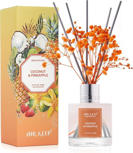 Airkeep Reed Diffuser Set,6.76 fl oz (200 ml) - Coconut & Pineapple Oil Diffusers with 8 Reed Sticks, Home Fragrance Reed Diffuser for Bathroom Shelf Decor