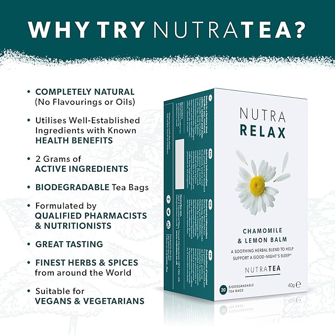 Nutra Tea NUTRARELAX - Sleep Tea | Stress Relief Tea | Calming Teas – For Relieving Stress & A Good Night’s Sleep – Includes Chamomile, Lemon Balm and Passionflower - 40 Individually Wrapped Bags - Herbal Teas (2 Pack)