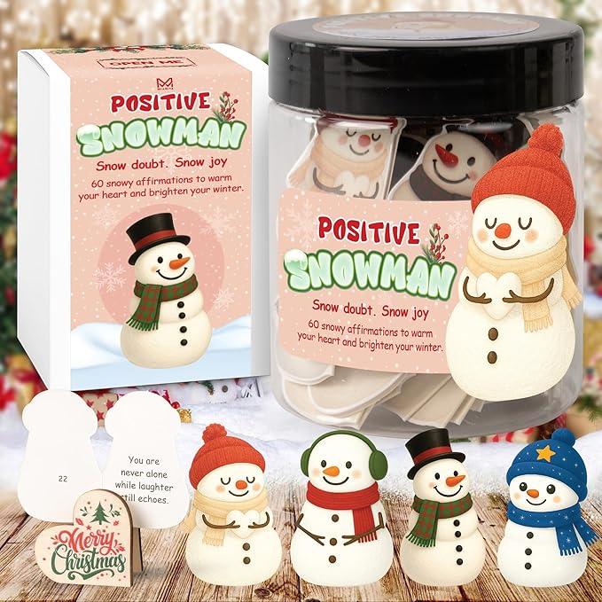 Positive Snowman Jar, 60 Snowy Affirmation Cards, for Women, Men, Teens & Coworkers, Holiday Friendship Gift Idea & Stocking Stuffers, White Elephant