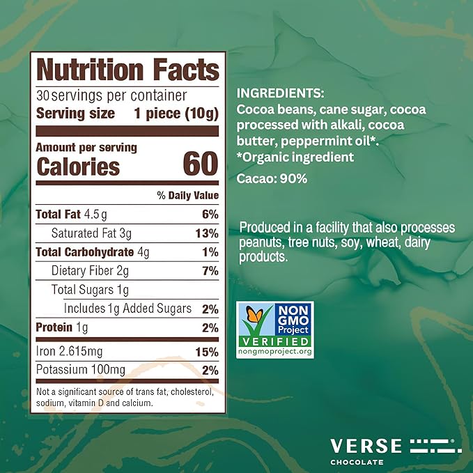 Verse Chocolate Mint 90% Dark Chocolate Squares - Only 1g Cane Sugar - Creamy Dark Cocoa - Individually Wrapped Chocolates (30 Count)